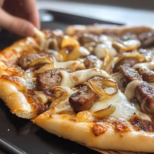 Bier-Bratwurst und karamellisierte Zwiebel Pizza