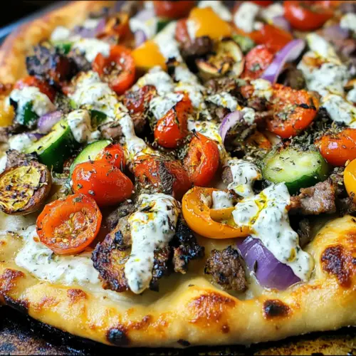 Gyro Pizza mit einem Tzatziki Schlag