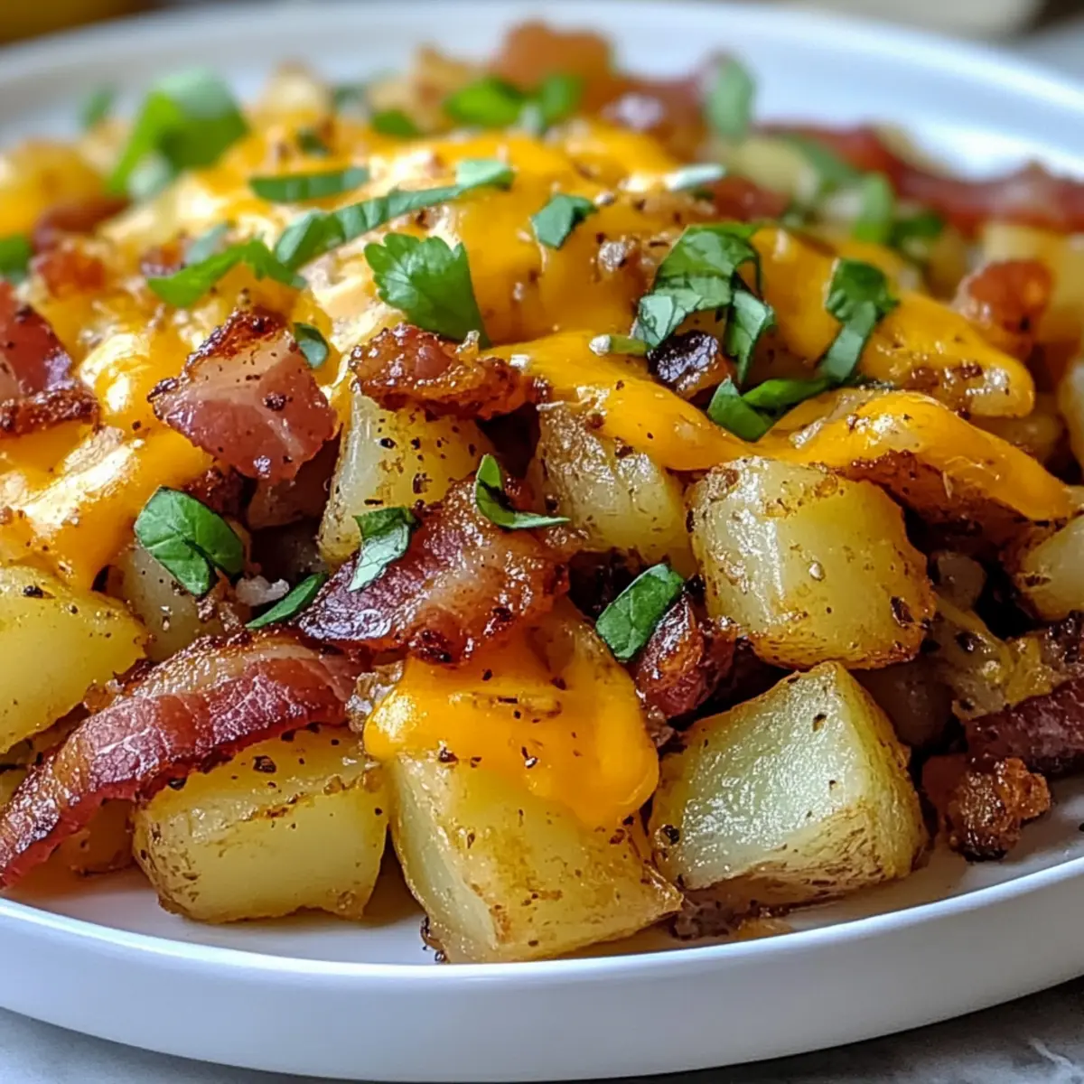 Knuspriger Beladener Frühstücksauflauf mit Kartoffeln und Speck