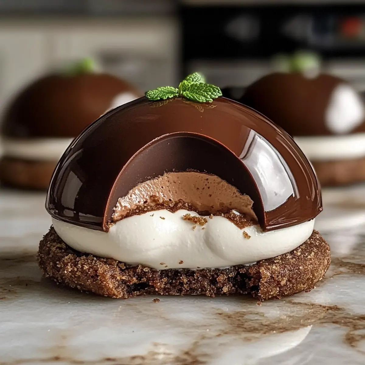 Elegante Schokoladen-Mascarpone-Dom-Dessert mit gläsernen Schalen