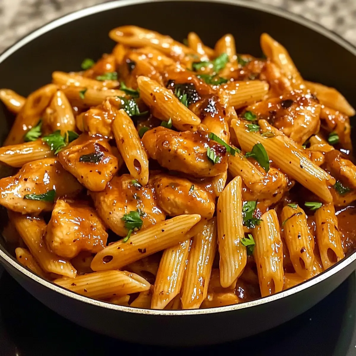 Säuerlicher Honig BBQ Hühnchen Penne