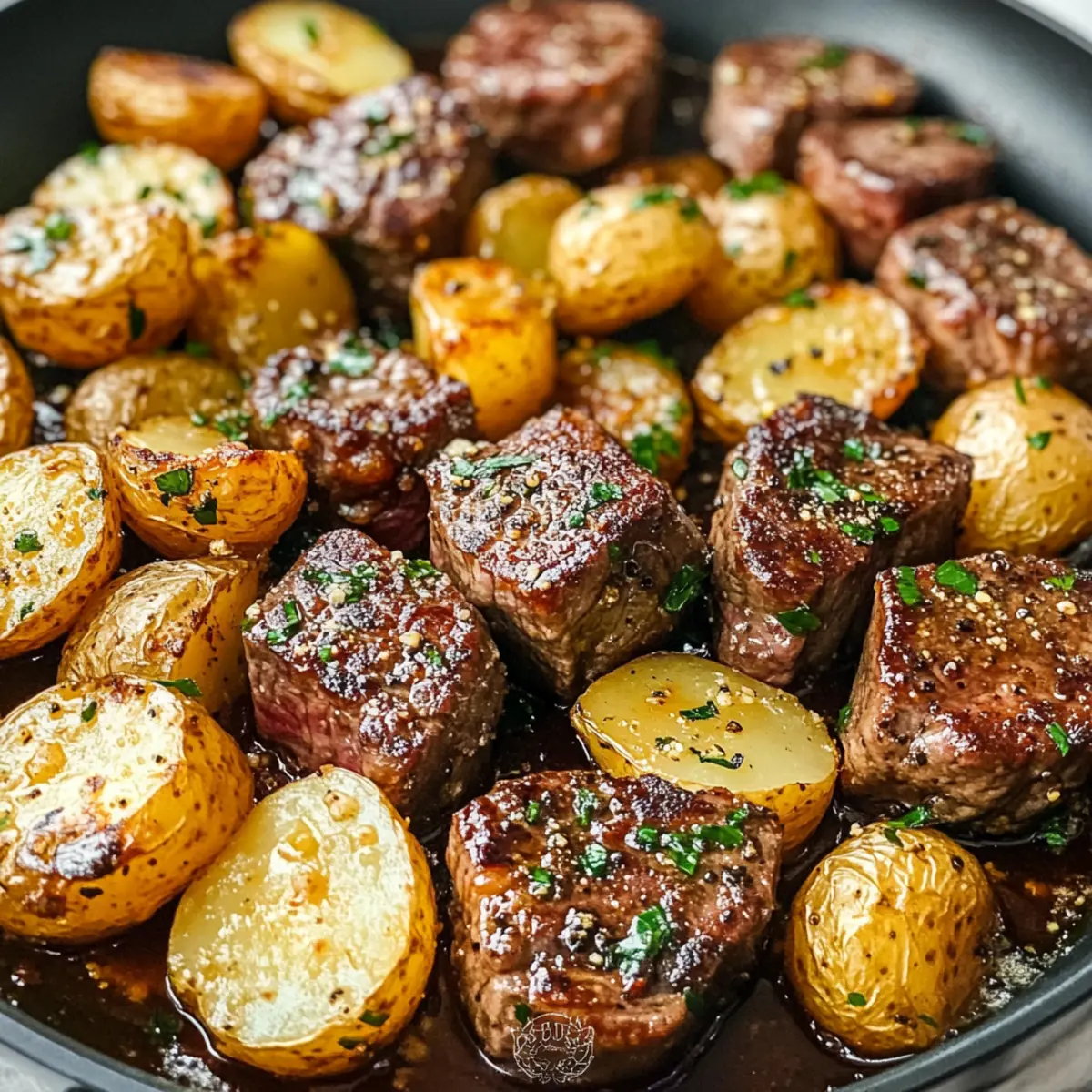Knoblauch-Rindersteakstückchen und Kartoffeln Rezept