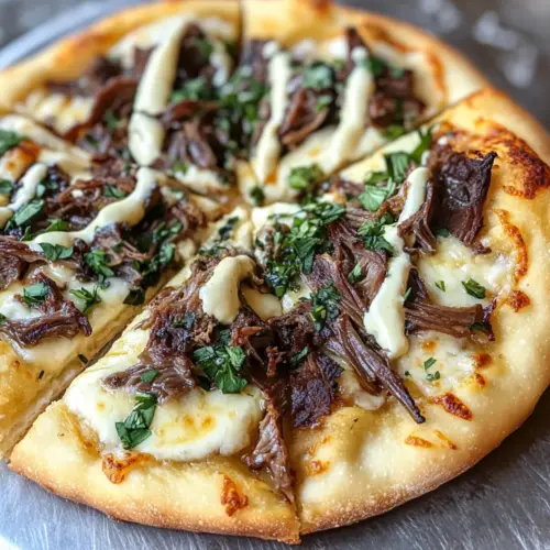 Kurzripp-Pizza mit geräuchertem Gouda-Cremesauce