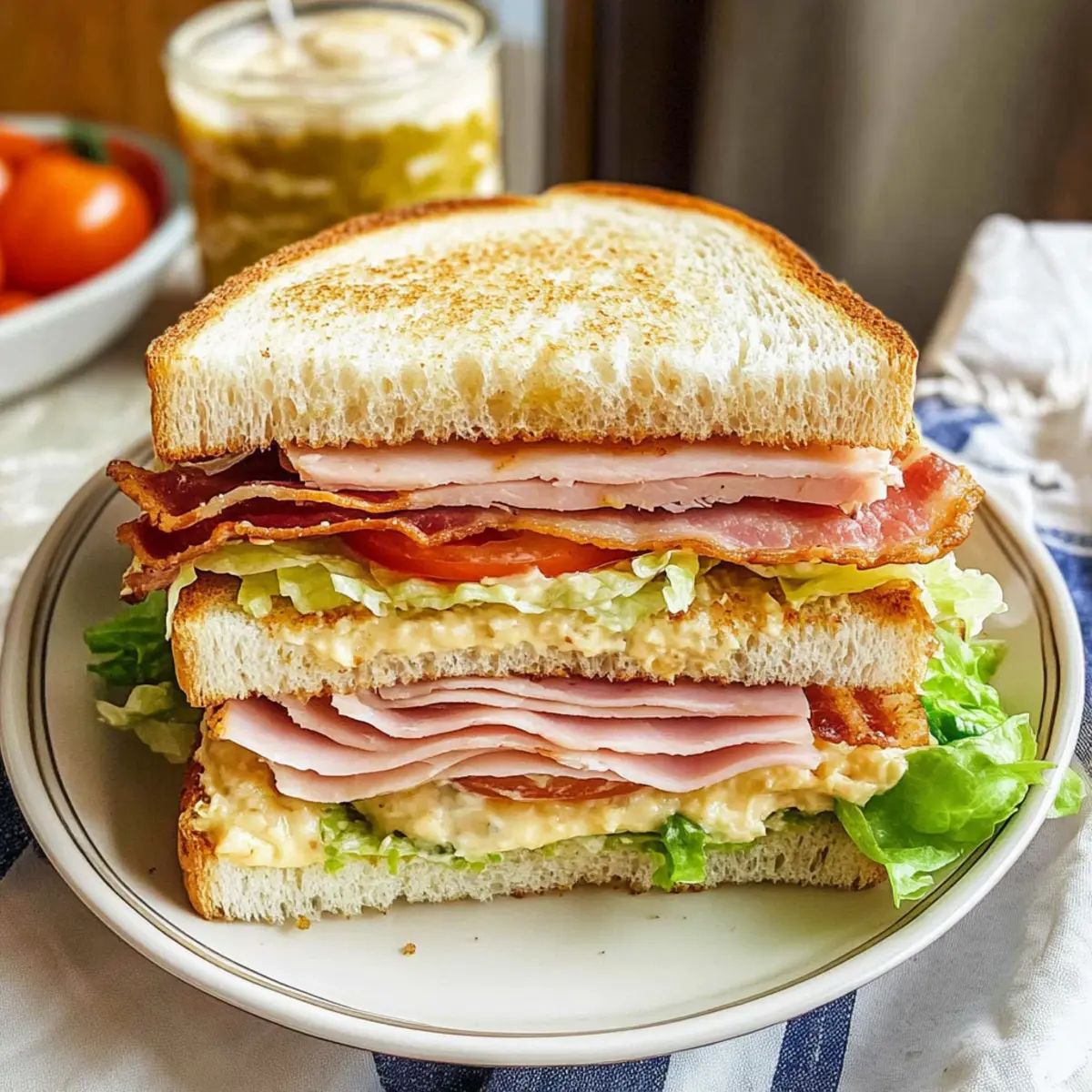 Club-Sandwich-Rezept Zutaten: - 3 Scheiben Brot - 2 Scheiben Hähnchenbrust - 2 Scheiben Speck - 2 Scheiben Tomate - 2 Blätter Kopfsalat - Mayonnaise - Salz - Pfeffer Anleitung: 1. Toasten Sie die Brotscheiben. 2. Bestreichen Sie eine Scheibe mit Mayonnaise und würzen Sie mit Salz und Pfeffer. 3. Legen Sie eine Scheibe Hähnchenbrust darauf. 4. Fügen Sie ein Blatt Salat und eine Scheibe Tomate hinzu. 5. Legen Sie die zweite Brotscheibe darauf und wiederholen Sie die Schritte mit der restlichen Hähnchenbrust, Salat und Tomate. 6. Bedecken Sie die Sandwiches mit der dritten Scheibe Brot. 7. Schneiden Sie das Sandwich diagonale in Viertel und servieren Sie.