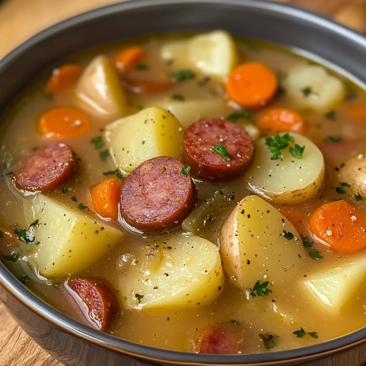Kielbasa Kartoffelsuppe Rezept Zutaten: - 450 g Kielbasa - 1 Zwiebel, gehackt - 2 Karotten, gewürfelt - 2 Selleriestangen, gewürfelt - 4 Kartoffeln, gewürfelt - 4 Tassen Gemüsebrühe - 1 Tasse Milch - 2 Knoblauchzehen, gehackt - 1 Teelöffel Thymian - Salz und Pfeffer nach Geschmack - 2 Esslöffel Öl - Frische Petersilie zum Garnieren Anleitung: 1. Öl in einem großen Topf erhitzen. 2. Zwiebel, Karotten und Sellerie hinzufügen und 5 Minuten braten. 3. Knoblauch und Kielbasa hinzufügen, 3 Minuten braten. 4. Kartoffeln, Gemüsebrühe und Thymian hinzufügen, zum Kochen bringen. 5. Hitze reduzieren und 15 Minuten köcheln lassen, bis die Kartoffeln weich sind. 6. Milch hinzufügen, mit Salz und Pfeffer abschmecken. 7. Mit frischer Petersilie garnieren und servieren.