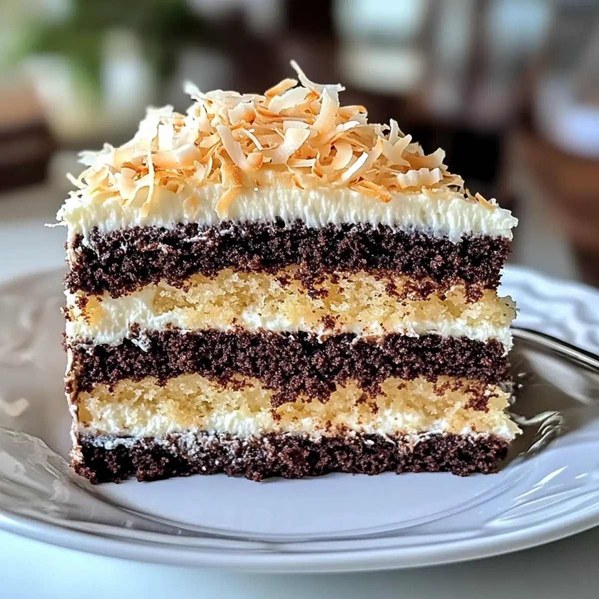 Feuchter Schicht-Kokos-Schokoladenkuchen Genuss